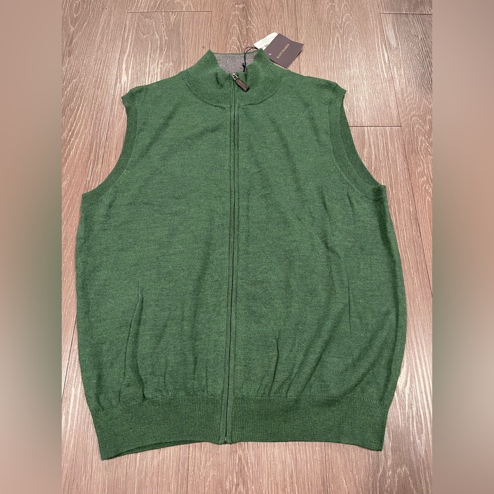 Scott Barber Mens Sweater Vest Medium Green 100% Merino Wool Full Zip